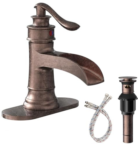 Homevacious Bathroom Faucet Copper Waterfall Bathroom Sink Faucets with Single Handle Rustic Vanity Farmhouse RV Faucet Suitable for 1 or 3 Holes with Pop-up Drain Deck Plate Hose