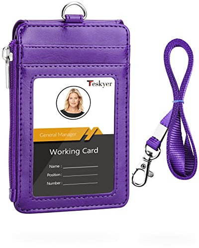 Teskyer Porta Badge, Porta Badge Da Collo in Pelle PU, con Cordino in Nylon con Gancio a J in Acciaio Inossidabile, con Tasca con Cerniera, 1 Cancella Finestra ID e 3 Slot Per Schede, Viola
