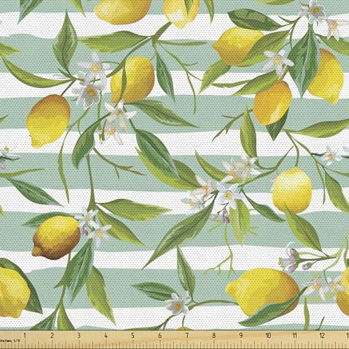 ABAKUHAUS Kunst Gewebe als Meterware, Blühender Zitronenbaum, Schön Gewebten Stoff für Polster und Wohnaccessoires, 1M (148x100cm), Farngrün Seafoam Gelb