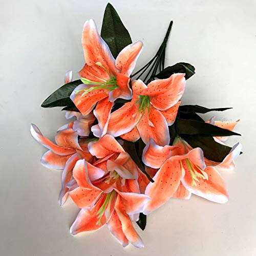 Best Artificial 45cm Stargazer Lillies 10 Head Flower Spray Bunch (Orange/White)