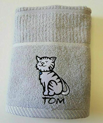 Sue Rossi Ltd 100% Turkish Cotton Tea Towels Embroidered Animal Cooks Cloth Luxury 3 Pack Kitchen Towel Set (Silver Grey Cat)