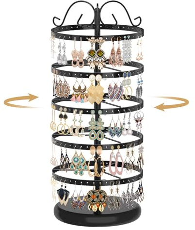 MODOWEY Rotating Earring Holder Organizer Display, 5 Tier Metal Tree, Black
