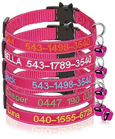 Personalisierte Katzenhalsbänder mit Glocke, benutzerdefinierte Sicherheitsschnalle für Katzenhalsbänder, gestickter ID-Name am Kätzchenhalsband mit Glocke (Rose red)