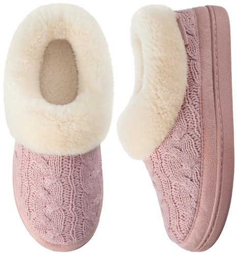 VeraCosy Ladies' Warm Knitted Faux Suede Memory Foam Moc Slippers Winter Cashmere Collar House Shoes Pink,6 UK