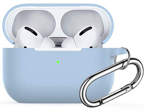 für Airpods Pro Hülle, Watruer Soft Silicone Skin Cover Stoßdämpfende Schutzhülle mit Schlüsselbund für Apple Airpods Pro 2019 (LED vorne sichtbar) - Hellblau