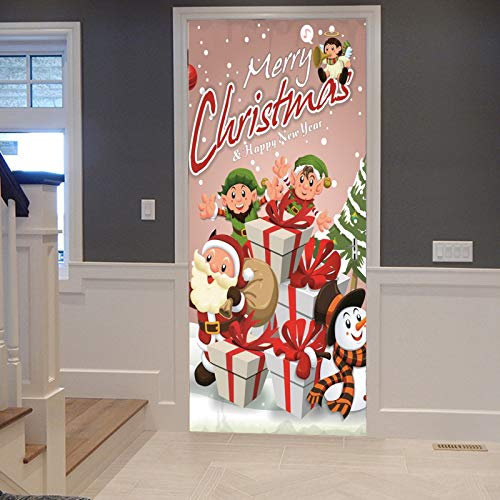 A.Monamour Türtapete Selbstklebend Türfolie Türposter 3D Weihnachtsmann Schneemann Elfe Box Urlaub Dekoration Vinyl Folie Türdeko Tapete Wandbild Türaufkleber Türtattoo 77 x 200 cm