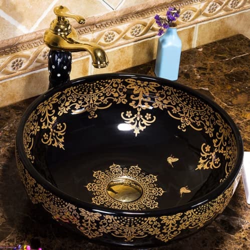 Vintage Black Gold Floral Paisley Pattern Bathroom Cloakroom Round Ceramic Counter Top Basin Sink Washing Bowl Craft Handmade 400 mm Moroccan Sparkle
