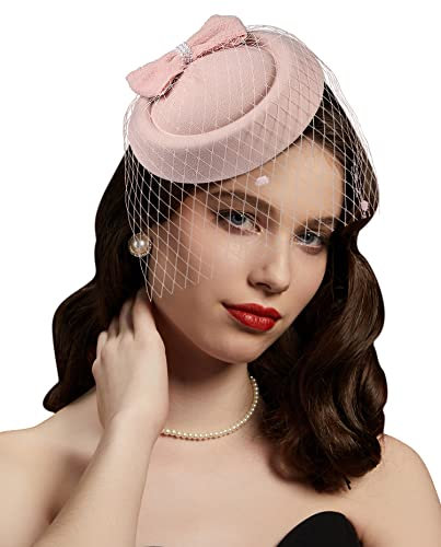 Cizoe Fascinator Hüte für Frauen 20er 50er Jahre Vintage Pillbox Hut Kentucky Derby Fascinators Blume Schleier Hochzeit Tee Party Hut, 11C - Blush Pink, Einheitsgröße
