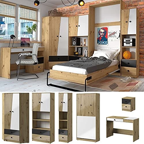 QMM TraumMöbel Jugendzimmer Kinderzimmer komplett Neo Set E Eckschrank Regale Schreibtisch Container Schrankbett Vertikal Farbauswahl (Schwarz Hochglanz)