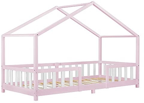 [en.casa] Letto per Cameretta a Forma di Casetta con Barriera di Protezione Letto Singolo per Bambini Struttura in Legno di Pino 90 x 200 cm Rosa/Bianco