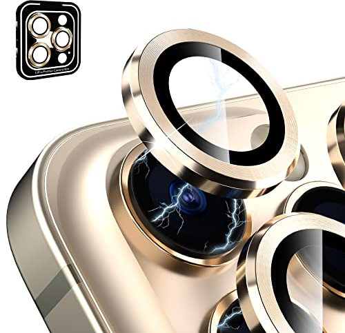 CloudValley Camera Lens Protector Compatible with iPhone 13 Pro and 13 Pro Max, Tempered Glass Film, Aluminum Alloy Lens Protective Cover, Gold