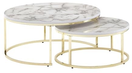 Wohnling Couchtisch 2er Set Weiß Gold Marmor Optik Sofatisch Rund Modern, Couchtische 2-teilig Metall, Runde Wohnzimmertische, Design Satztische