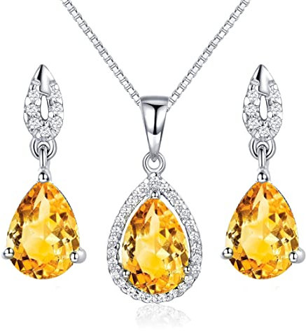 Schmuckset 925 Sterling Silber Damen Tropfen Kette Ohrring Halskette Anhänger Ohrstecker Mit Citrin Geschenkverpackung 40+5CM Kettenlänge Geschenke für Party/Jahrestag/Geburtstag