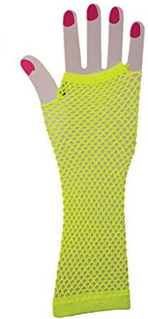 The Glowhouse 80er Jahre Neon Fischnetz Handschuhe Kurz und Lang Lebendige Farben, Langes Gelb, Einheitsgröße