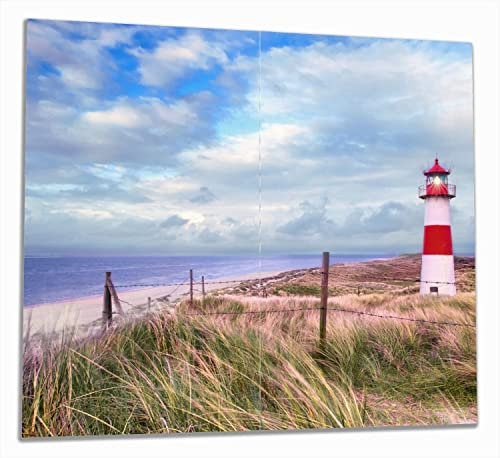 Wallario Herdabdeckplatte/Spritzschutz aus Glas, 2-teilig, 60x52cm, für Ceran- und Induktionsherde, Leuchtturm am Strand von Sylt