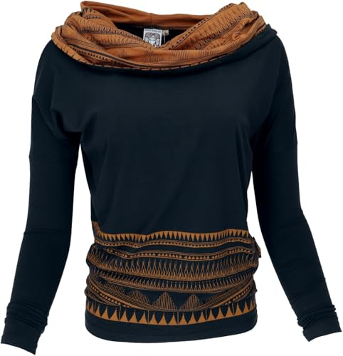 GURU SHOP Lockeres Longshirt aus Bio-Baumwolle, Schalkapuze | Fledermausärmel, elastisches Material, normale Passform, lässiger Schnitt, vielseitig tragbar