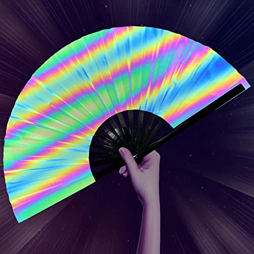OMyTea Reflective Rave Hand Fan Foldable for Women/Men/Drag Queen - Large Clack Festival Folding Hand Fan - for EDM, Music Festival, Event, Party, Dance, Performance (Holographic)