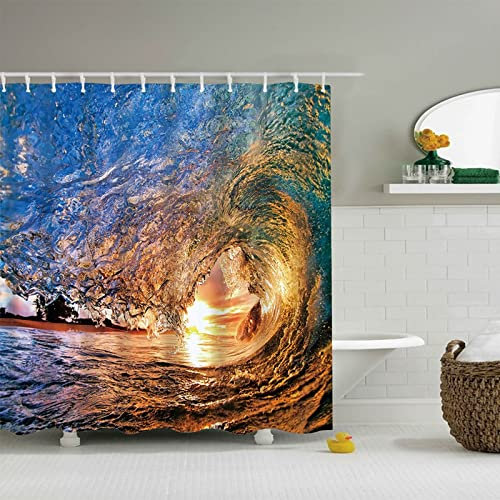 EHOMERY Duschvorhang Beschwerer Duschrollo Mit Motiv Wellen Polyester Rostfreie Ösen Und 12 Hakenringe, 140X180Cm