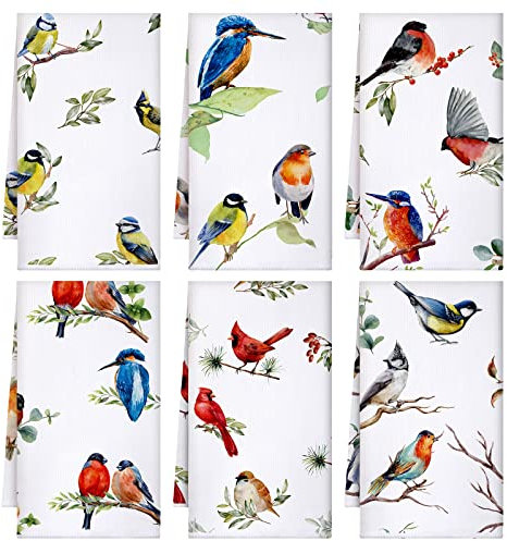 Set mit 6 Vögeln, Küchentücher, Sommer-Geschirrtücher, saugfähige Geschirrtücher Vögel auf Ast, 61 x 40,6 cm, Küchengeschenke, Kardinal-Handtücher, Vogelliebhaber, Geschenke für Bauernhaus, Küche,