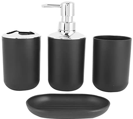Hosoncovy 4 Pieces Bathroom Accessory Set with Soap Dispenser, Bathroom Cup, Soap Dish ，Toothbrush and Toothpaste Holder (Black)