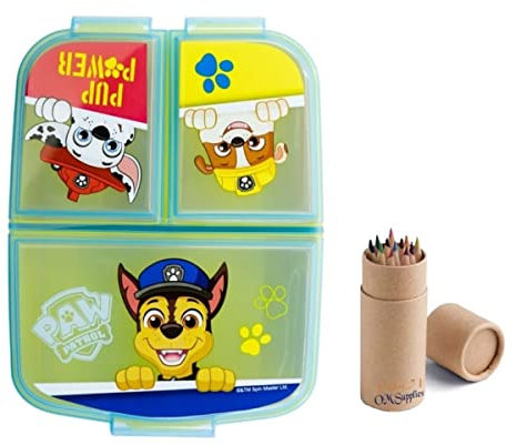 OM SUPPLIES Paw Patrol - Contenitore per il pranzo a sandwich riutilizzabile a 3 scomparti multipli per la scuola dei bambini, include 12 matite (Paw Patrol)