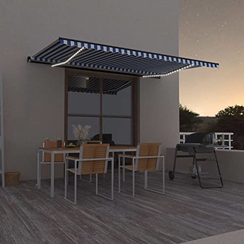 Homgoday Retractable Manual Awning Sun Shade for Balconies Awning with Extendable Arms Outdoor Sun Shade for Outdoor Fall with LED 500 x 300 cm Blue and White
