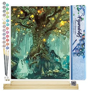 Figured'Art Malen Nach Zahlen Erwachsene Mit Rahmen Magischer Baum - Paint by Numbers Basteln DIY Bastelset 40x50cm Mit Keilrahmen (nicht gespannt)