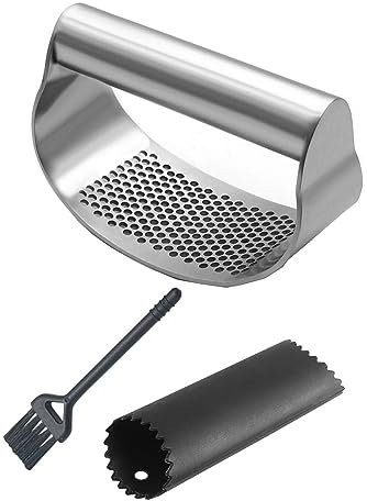 Presse ail à Bascule en Acier Inox,Manuel Presse ail Broyeur Manuel à l'ail à Bascule y compris l'éplucheur en Silicone et la Brosse de Nettoyage Garlic Crusher Press Rocker Cuisine Gadget