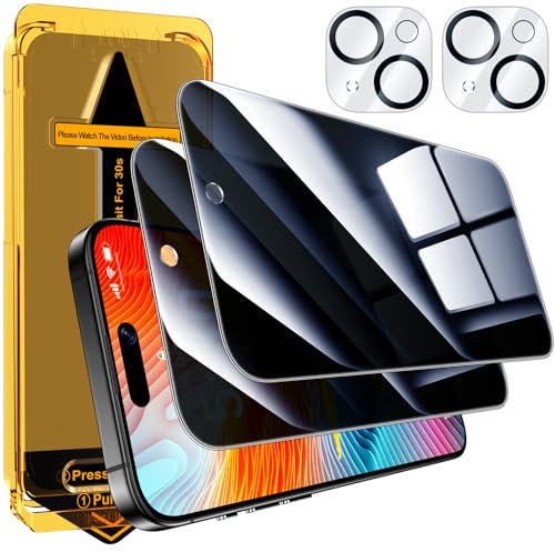 Esanik Sichtschutz für iPhone 15 (2+2 Stück), 2x Sichtschutzfolie + 2x Kameraschutz, 9H Härte Anti-Spy Privacy Panzer Schutz Glas Folie, 6,1 Zoll