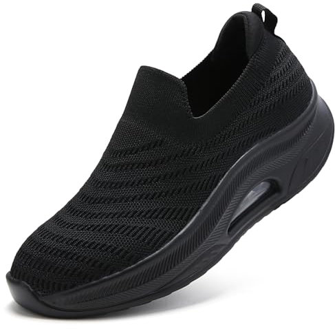 Trainers for Women Black Slip On Shoes Ladies Memory Foam Arch Support Plantar Fasciitis Orthopedic Shoes Air Cushion Comfort Sock Platform Wedge Work Shoes Gym Sneaker All Black UK 7