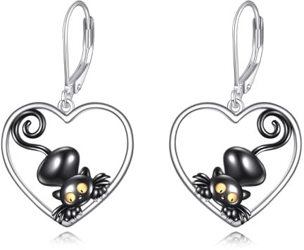 POPLYKE Schwarze Katze Ohrringe Sterling Silber Schwarze Katze Hängend Ohrringe LeverBack Ohrring Schmuck Weihnachts Geschenke für Frauen(Herz)