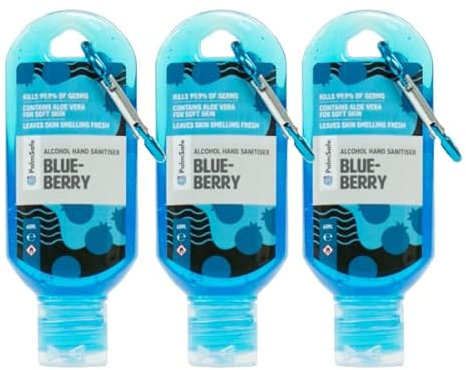 Palm Safe Blueberry 3 Pack 60ml Anti Bacterial Premium Hand Sanitiser Travel Size Refillable Clip Bottle Quick Drying Non Sticky Extra Moisturising Kills 99.9% of Viruses and Bacteria