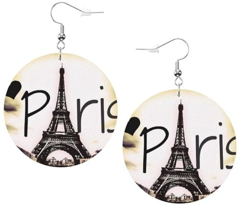 OPSREY Eiffelturm Liebe Paris gedruckt Mode Leder Ohrringe Drapiert Haken Ohrringe Runde geformte Ohrringe, Einheitsgröße, Kunstleder