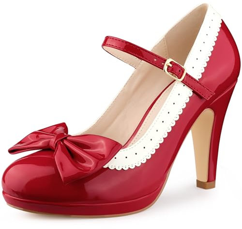 Perphy Bow Platform Ankle Strap Stiletto Heels Pumps for Women Red 4.5 UK/Label Size 7 US