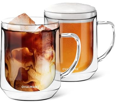 ovalware 500ml Double Wall Glass Coffee Mugs, Single Lip Mugs Made of Durable Borosilicate Glass, Insulated Coffee Mug with Handle for Hot and Cold Drinks - Clear