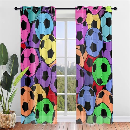 Hiseng Voile Vorhänge mit Ösen 2er Set Scheibengardinen, Elegante Fußballdruck Durchsichtig Halbtransparent Ösenvorhang für Fenster Wohnzimmer Schlafzimmer Küche (80x115cm,Regenbogen Fußball)