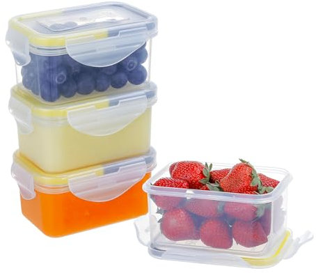 EASYLOCK Frischhaltedosen mit Deckel, luftdicht, wiederverwendbar, Lebensmittelbehälter aus Kunststoff mit Deckel, Gefrierschrank-Aufbewahrungsboxen, Soßentöpfe, Snack-Töpfe, 4 Stück (Gelb-Grau)