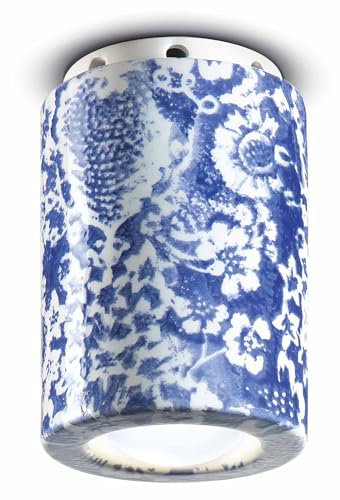 Licht-Erlebnisse Spot Lampe Decke Keramik rund Ø 8,5 cm H: 12 cm Aufputz Handbemalt Blau Weiß E14 Retro Deckenlampe Wohnzimmer Deckenleuchte Flur