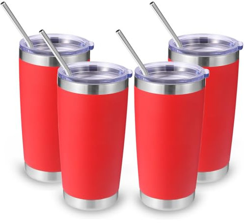 Volhoply 20oz 550ml Travel Insulated Tumbler with Lid and Straw Bulk 4 Pack, Double Wall Stainless Steel Coffee Mug Fits Cup Holder,Powder Coated Cups for Hot & Cold Drinks, BPA Free(Red,4 Set)