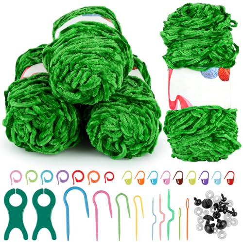 RVLZKCPG 4 Rolle Chenille Wolle Zum Häkeln, 120m Garn, Grün, Flauschig, Weich Dicke Samtig Baby Wolle Mit Strickwerkzeug für Mützen, Schals, Puppen