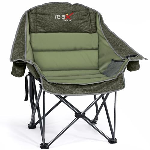 RELAX FIELD Übergroßer Campingstuhl Klappbar, Faltbarer Camping Sessel Gepolstert, Klappstuhl Camping, Anglerstuhl, bis 227 kg Belastbar, Grün
