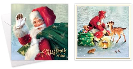 Tallon Pack of 10 Assorted Christmas Cards Traditional Santa Theme, 2 Designs, Gold Foil Finish, Eco Friendly Packaging 100% Recyclable, 14cm x 14cm