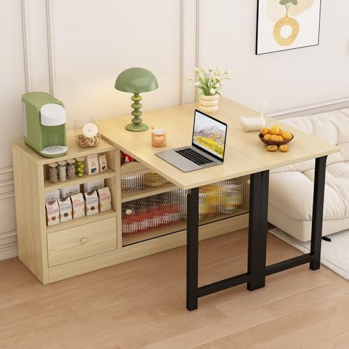 Table pliante, table de salle à manger, table console extensible salle à manger, table de cuisine, table extensible avec espace de rangement, table à manger pliante, pivotante à 360°, naturelle +