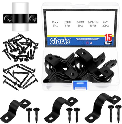 Glarks 45pcs Schwarz Zwei Löcher Rohrband 15mm 20mm 25mm U-Klemmen Metall Rohrschellen Doppel Loch U Halterung für die Befestigung Rohrkabel (15mm 20mm 25mm)