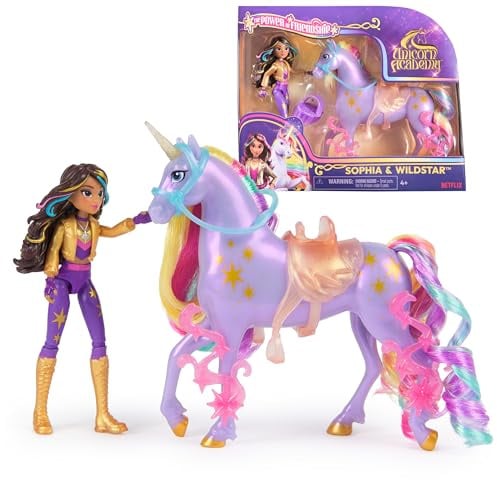 Unicorn Academy Set - Sophia und Einhorn Wildstar mit echter Mähne und Schweif sowie Bürste, ca. 12 cm große Originalfiguren zur beliebten Netflix Serie, für Kinder ab 4 Jahren