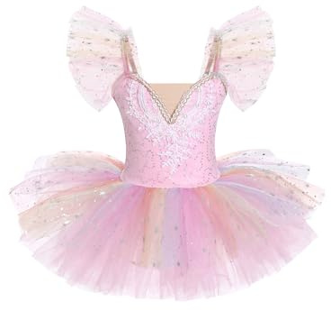 Odizli Ballerina Costume for Girls Flutter Sleeve Lace Glitter Sequins Rainbow Tulle Tutu Ballet Dress