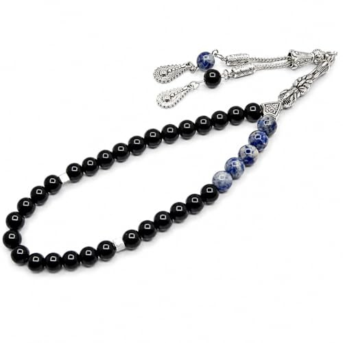 Perlin Tesbih 33 Perlen Sodalith Onyx Naturstein Gebetskette 8 mm Muslimische Gebetsperlen Tasbih Tespih Misbaha Subha Handgefertigt Schwarz Blau mit Metallquaste