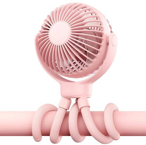 VETIFINAL Portable Baby Stroller Fan - 3-Speed Flexible Tripod Personal Fan Clip on for Bed, Rechargeable Battery Powered, Newborn Summer Cooling Essentials for Car Seat, Bike, Sleep, Travel (Pink)