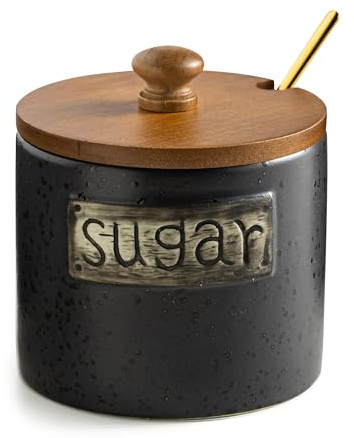 LYEOBOH Ceramic Sugar Bowl with Lid and Spoon, 15 Oz Farmhouse Sugar Container Holder for Coffee Bar Accessories, Food Storage Containers - Modern Kitchen Decor Housewarming Gift, Black