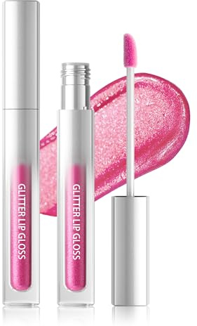 Glitter Lipgloss Rosa, Metallic Shimmer Flüssig Lippenstift 24 Stunden Halt, Waterproof Non-stick Cup Diamond Glitzer Lip Gloss, Hochpigmentiert Sparkly Lipgloss Lippen Makeup für Weihnachten-03